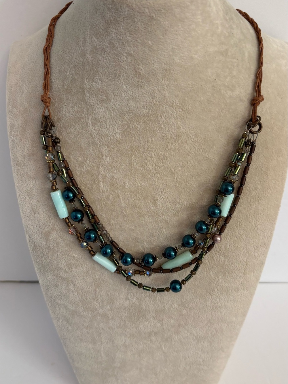 Artisan Style Multi Strand Necklace Teal Mint Beads Signed J